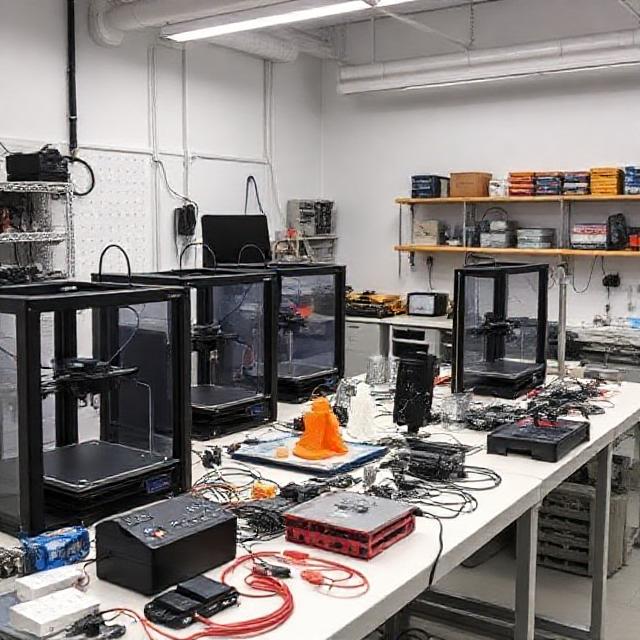 prototyping workshop with 3D printers, electronics lab, makerspace, technical integration