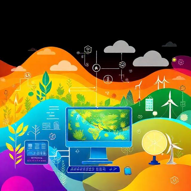 Professional modern colorful illustration of applied computer science for agriculture, health, education, climate, energy. Show digital solutions like web and mobile applications, data collection and visualization, IoT sensors integration, smart agriculture, medical technology, educational technology, climate monitoring, renewable energy systems. Modern tech design with vibrant colors, clean lines, professional corporate style, absolutely no text, no words, no letters, no people