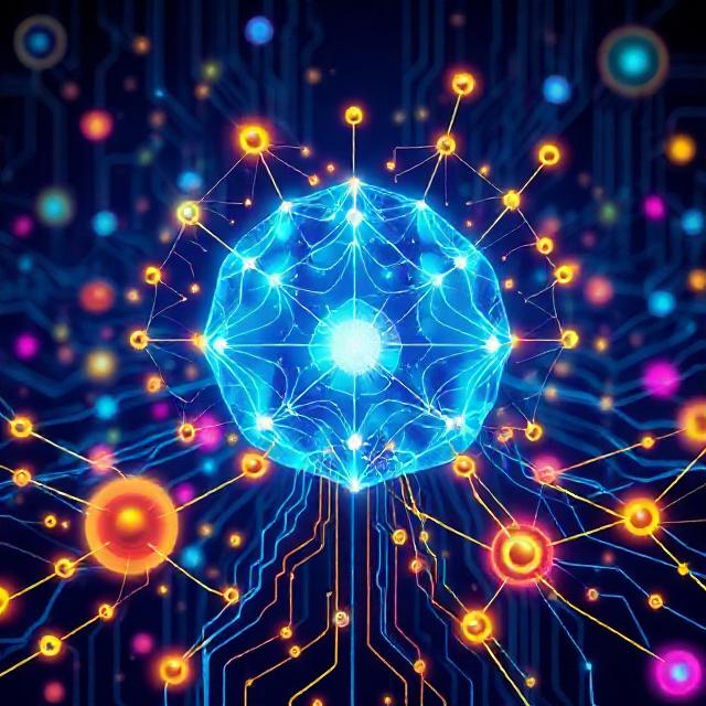 Professional modern colorful illustration of artificial intelligence, data collection and preparation, predictive models and responsible AI. Show neural networks, data nodes, machine learning algorithms, data visualization. Modern tech design with vibrant colors, clean lines, professional corporate style, gold accents, absolutely no text, no words, no letters