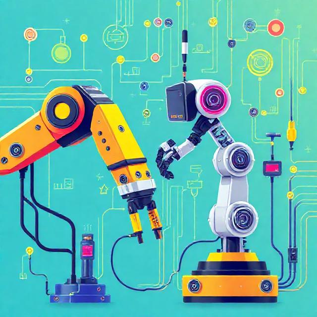 Professional modern colorful illustration of robotics, mechatronic design, sensors and embedded control. Show robotic arms, sensors, electronic components, mechanical parts, from educational prototypes to industrialization. Modern tech design with vibrant colors, clean lines, professional corporate style, gold accents, absolutely no text, no words, no letters